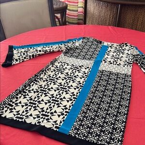 Black and White Geometric Dress with Blue Accents